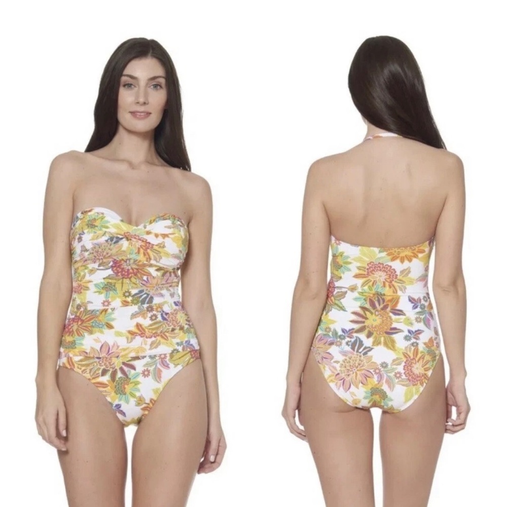 Bleu Rod Beattie Shirred Bandeau Tropical Floral One Piece Swimsuit